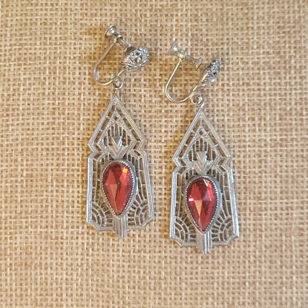 Vintage Art Deco Style Red Filigree Screw Back Earrings 2 Inch Victorian Goth